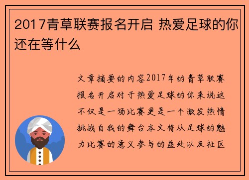 2017青草联赛报名开启 热爱足球的你还在等什么